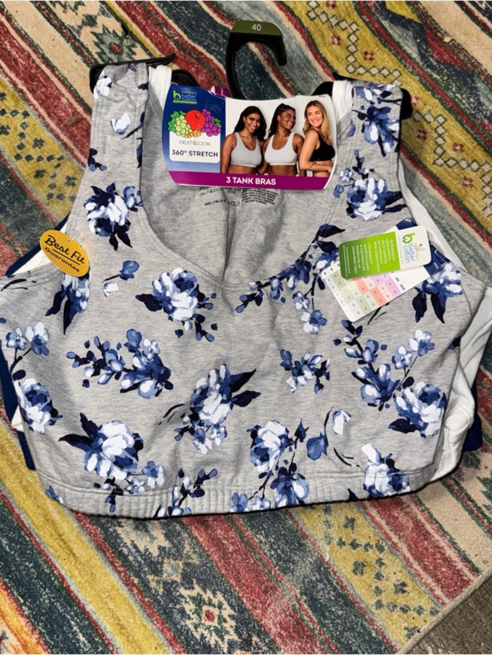 Fruit of the Loom Blue Floral 3 bralettes Size 40